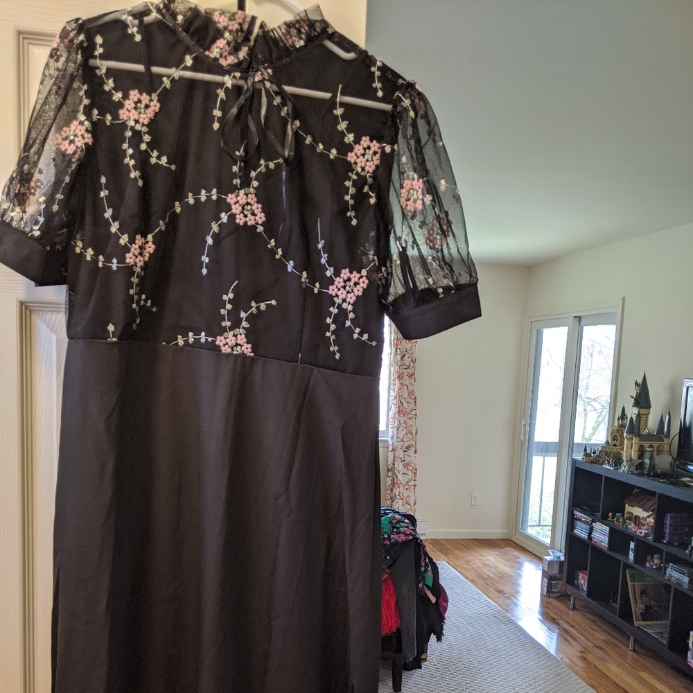 SHEIN Black midi dress with floral sheer top